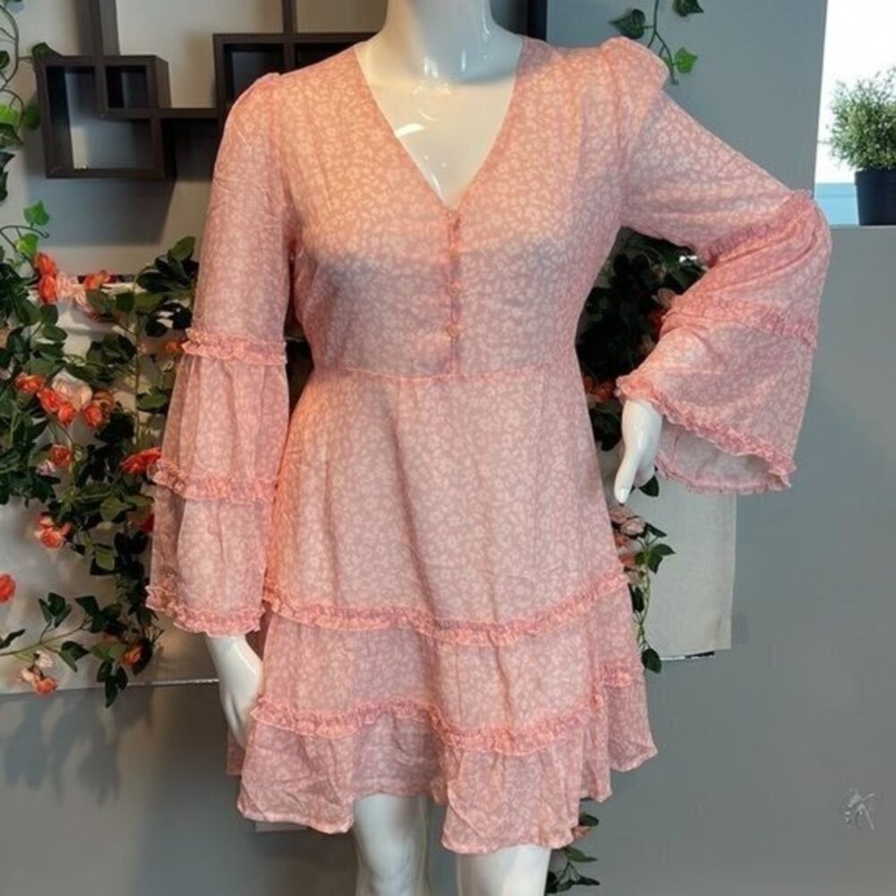 Cupshe Boho Style Varadero‎ Pink V-neck Bell Sleeve Romantic Ditsy Dress size L - Picture 2 of 16